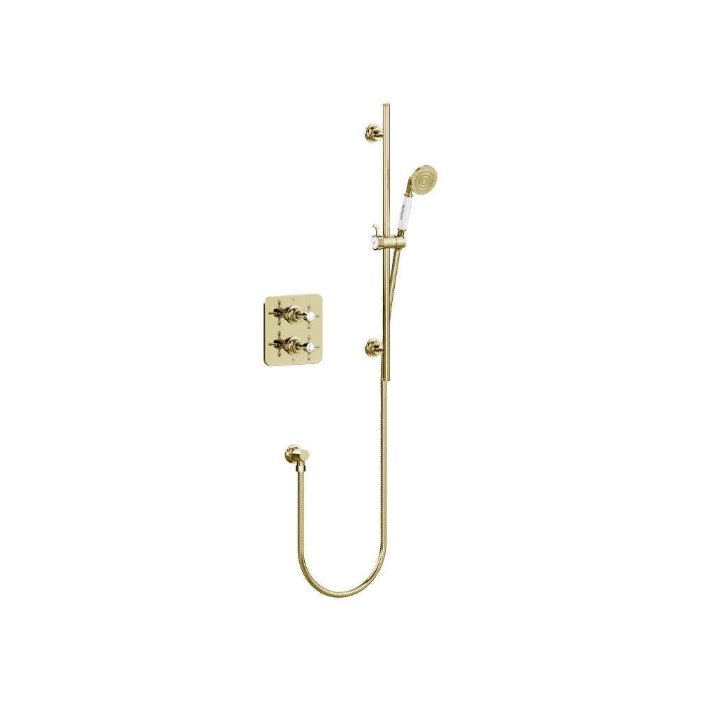 Cut out image of Square Thermostatic Concealed Gold Shower Valve & Rail, Hose, Handset & Outlet Elbow